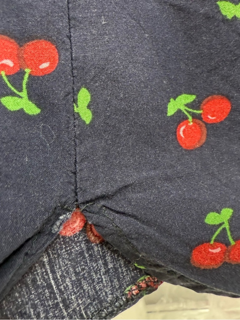 mandee blouse cherries 🍒 printed flowy shirt Navy Blouse with Red Cherry Print - Picture 8 of 11